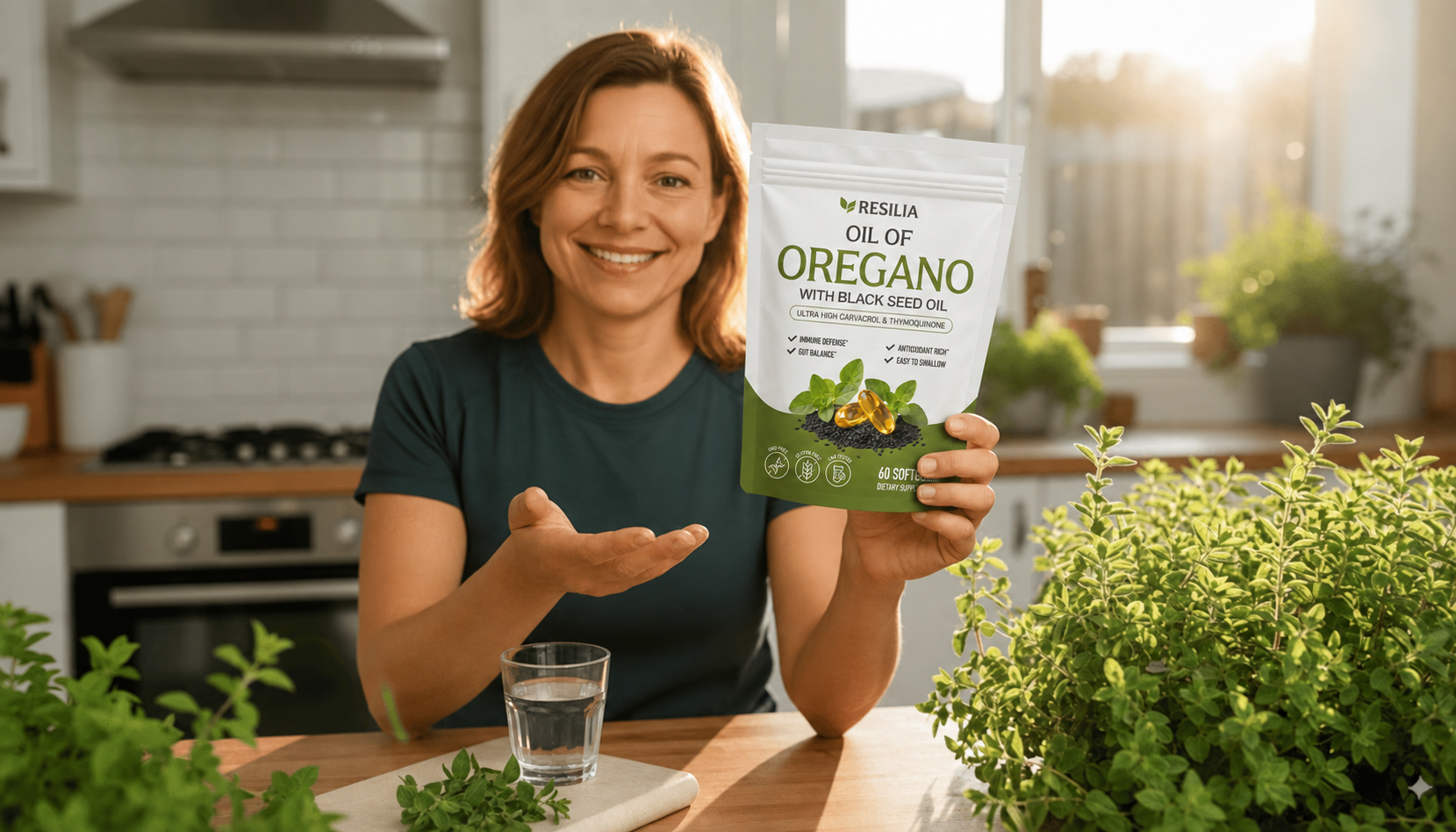 A smiling woman in a kitchen holds up a pouch of Resilia Oil of Oregano with Black Seed Oil.