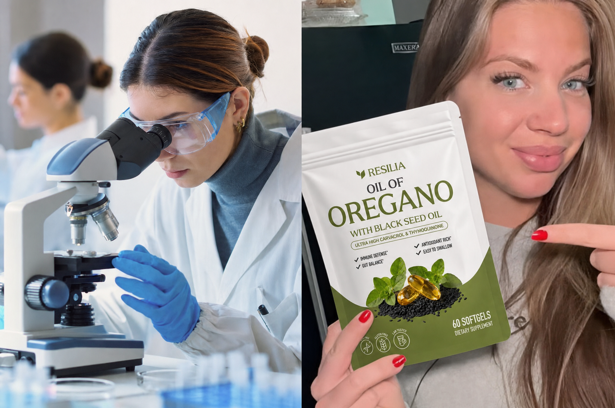 A split image shows a scientist with a microscope and a woman holding oil of oregano supplements.