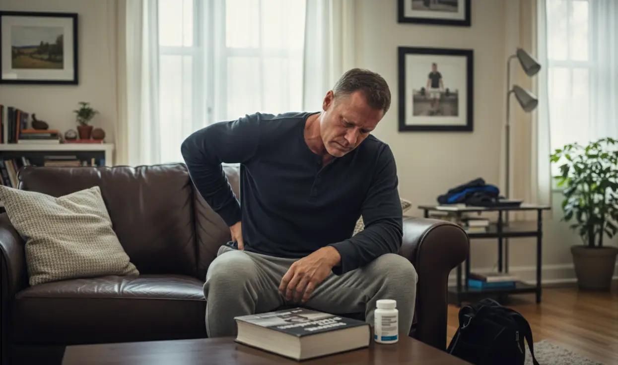 Man sitting on couch holding his lower back, with medicine bottle nearby.
