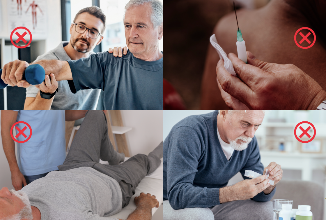 Four images of elderly care with red cross marks on each.
