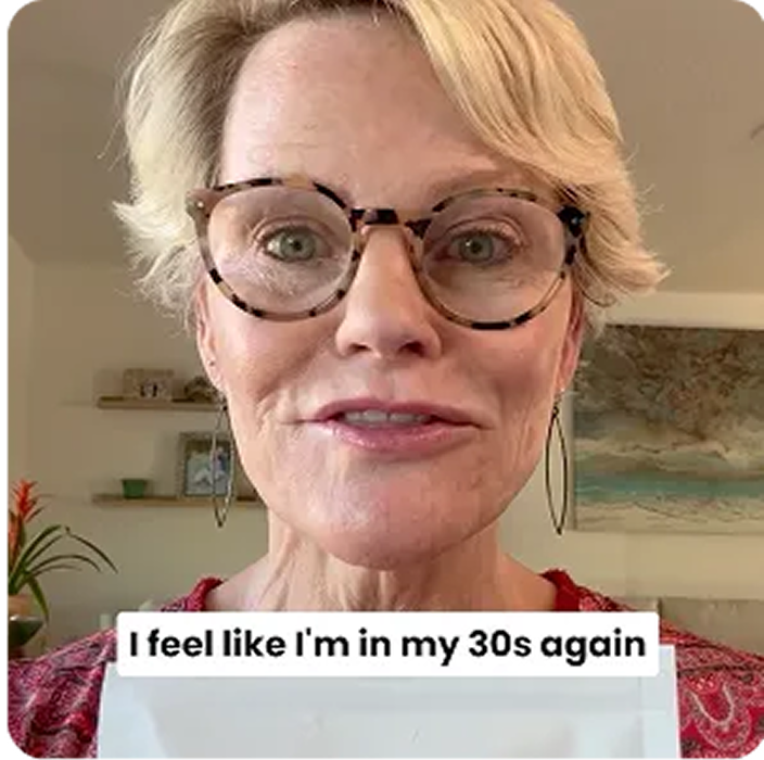 Person with glasses speaking, text overlay saying 'I feel like I'm in my 30s again'.