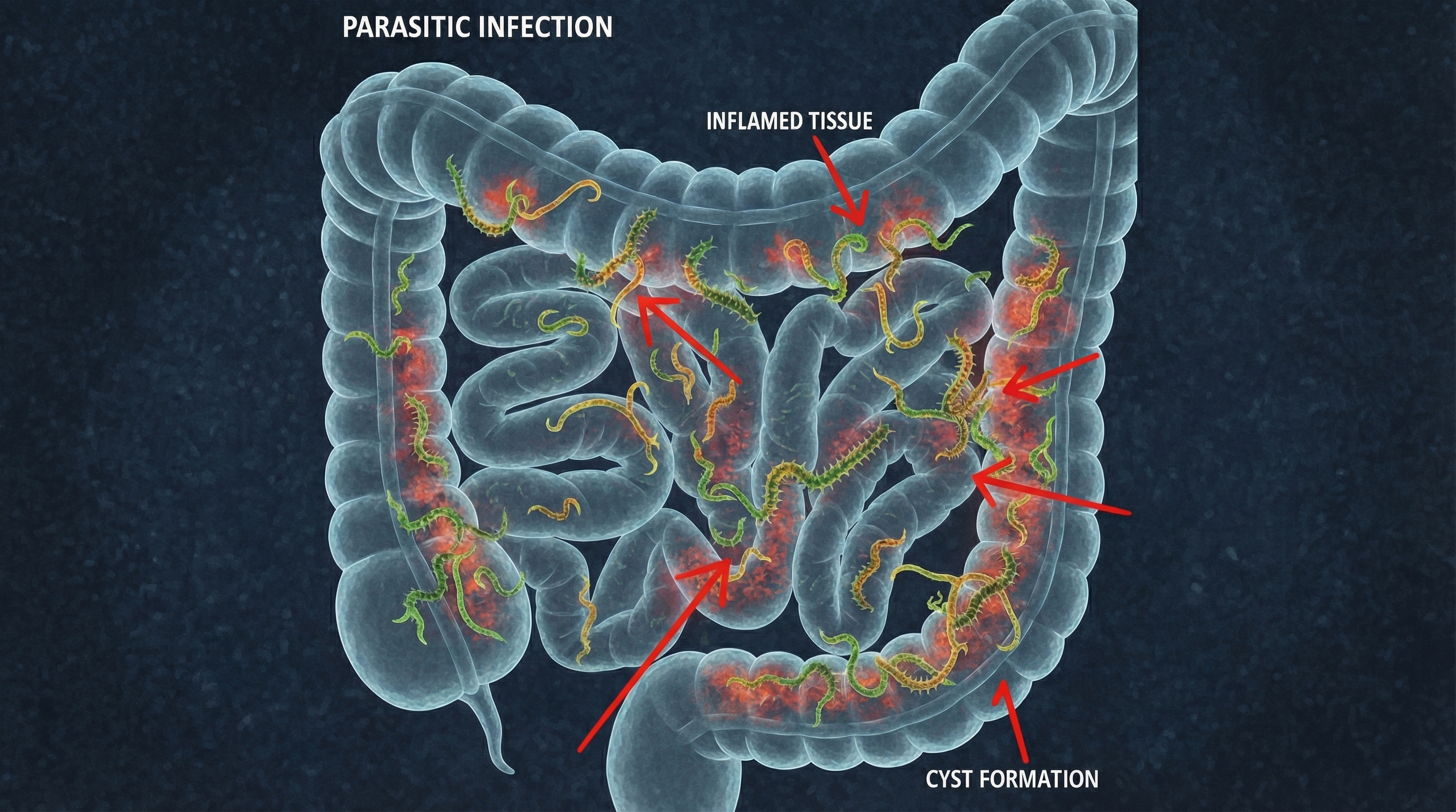 Illustration of intestinal parasitic infection with inflamed tissue and cyst formation.