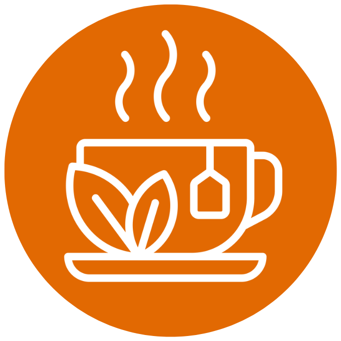 White tea cup and leaves icon on orange background.