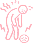 A pink line drawing of a figure hunched over in distress, with a sad face icon below.
