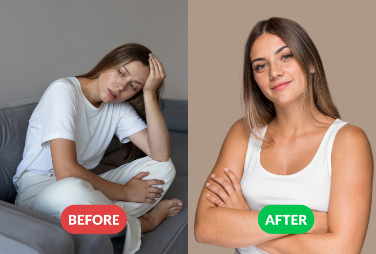 Side-by-side 'before and after' comparison of a woman looking tired and then confident.