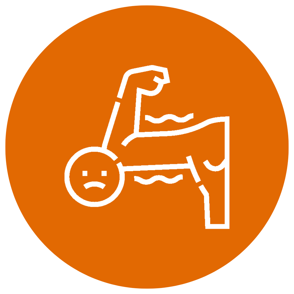 Line drawing of a sad face and bent arm on orange background.
