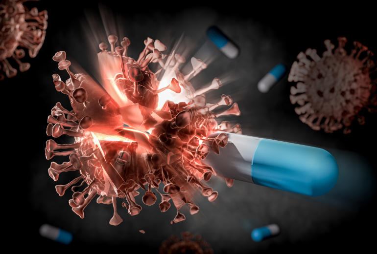 Blue and white capsule piercing through a virus particle.