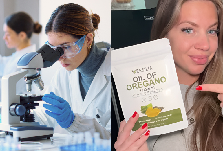 Split image: scientist using a microscope; person holding a Resilia Oil of Oregano package.