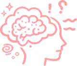 A pink line drawing of a head with an exposed brain, surrounded by symbols like sparkles and question marks.