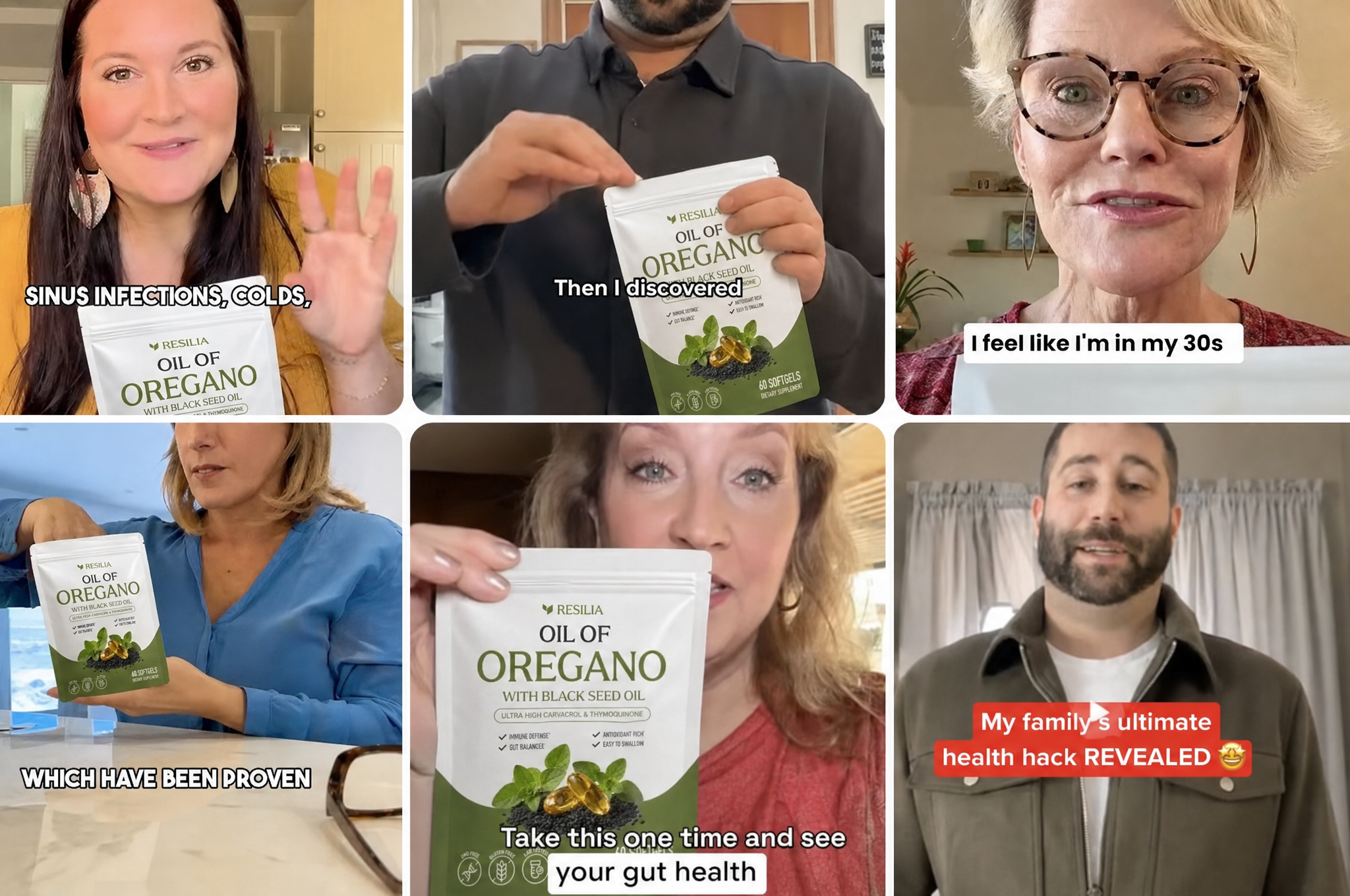A collage of six people holding and showing a pouch of Resilia Oil of Oregano supplements.