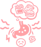 A pink line drawing of an upset stomach thinking about junk food like pizza, fries, and a burger.