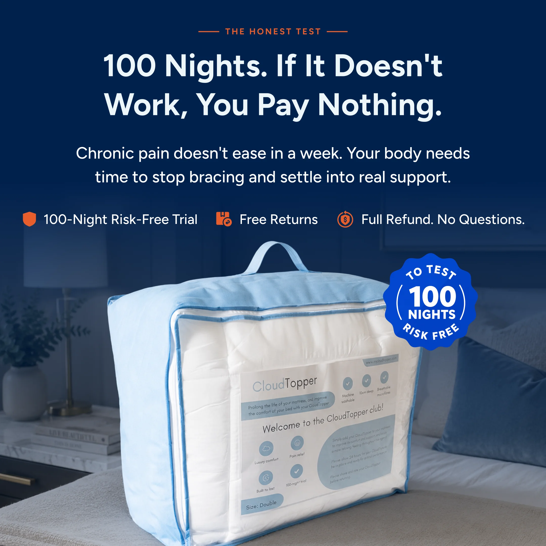 A CloudTopper mattress topper in its packaging on a bed, advertising a 100-night risk-free trial.