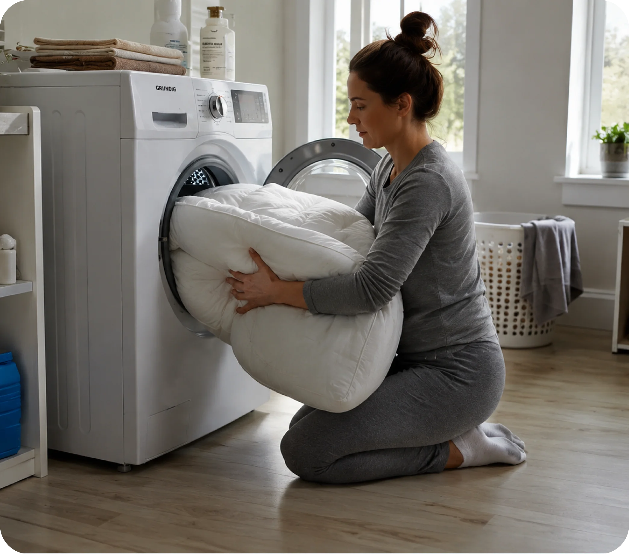 A woman kneels to put a large white comforter into a front-loading washing machine.