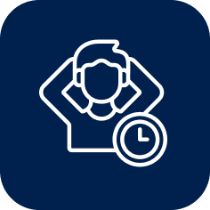 A white icon on a blue background showing a person relaxing with a clock in the corner.