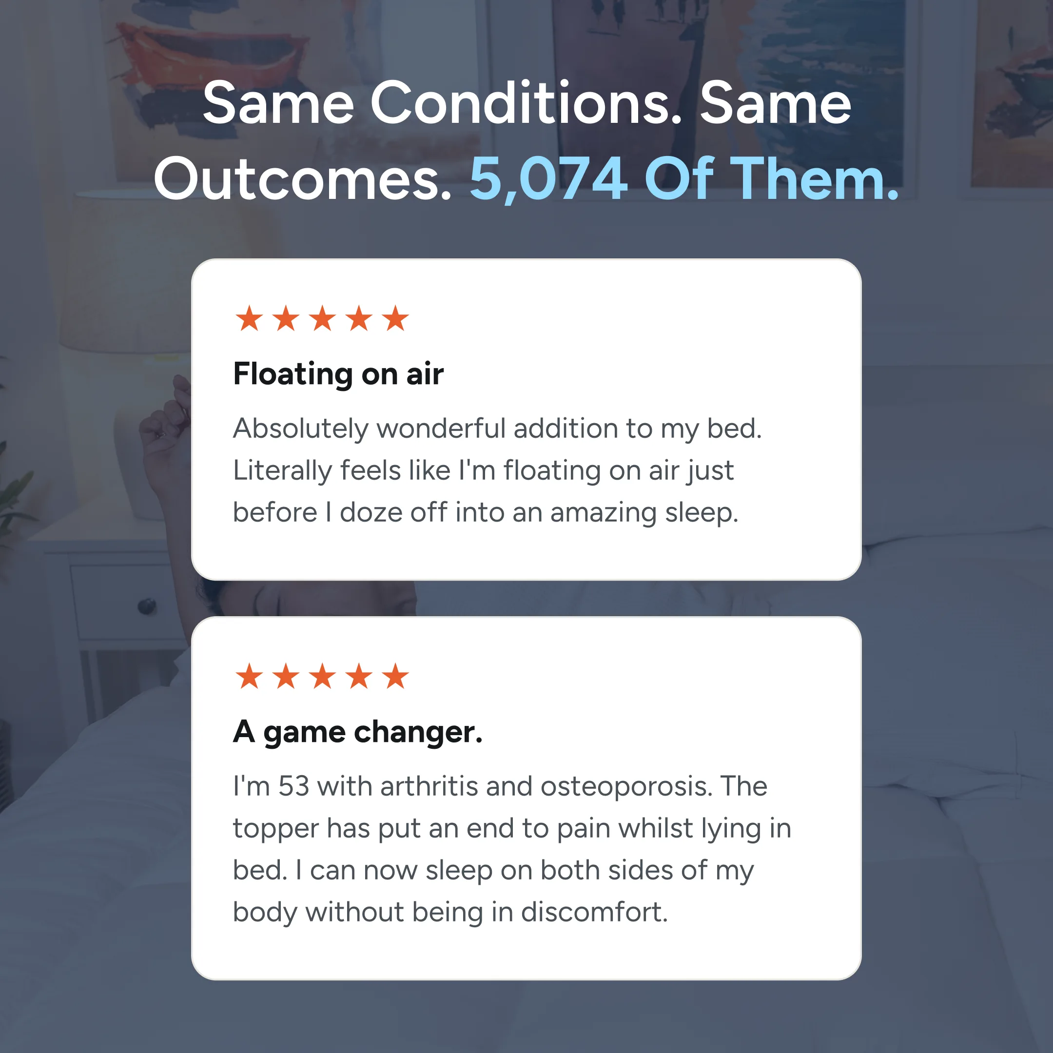 An image showing two five-star customer reviews superimposed over a person sleeping in a bed.
