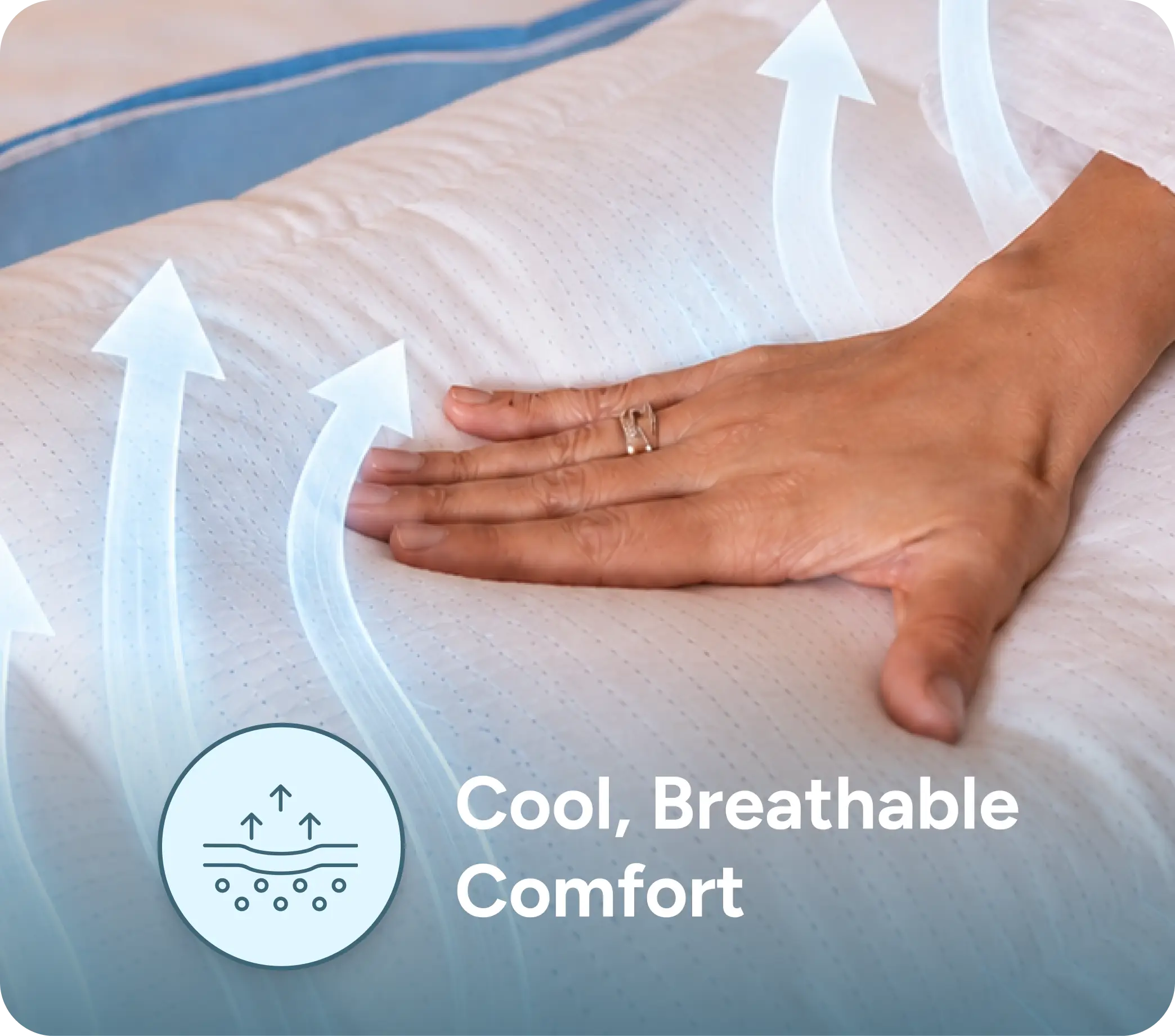 A hand rests on a white pillow with graphics illustrating its cooling, breathable comfort.