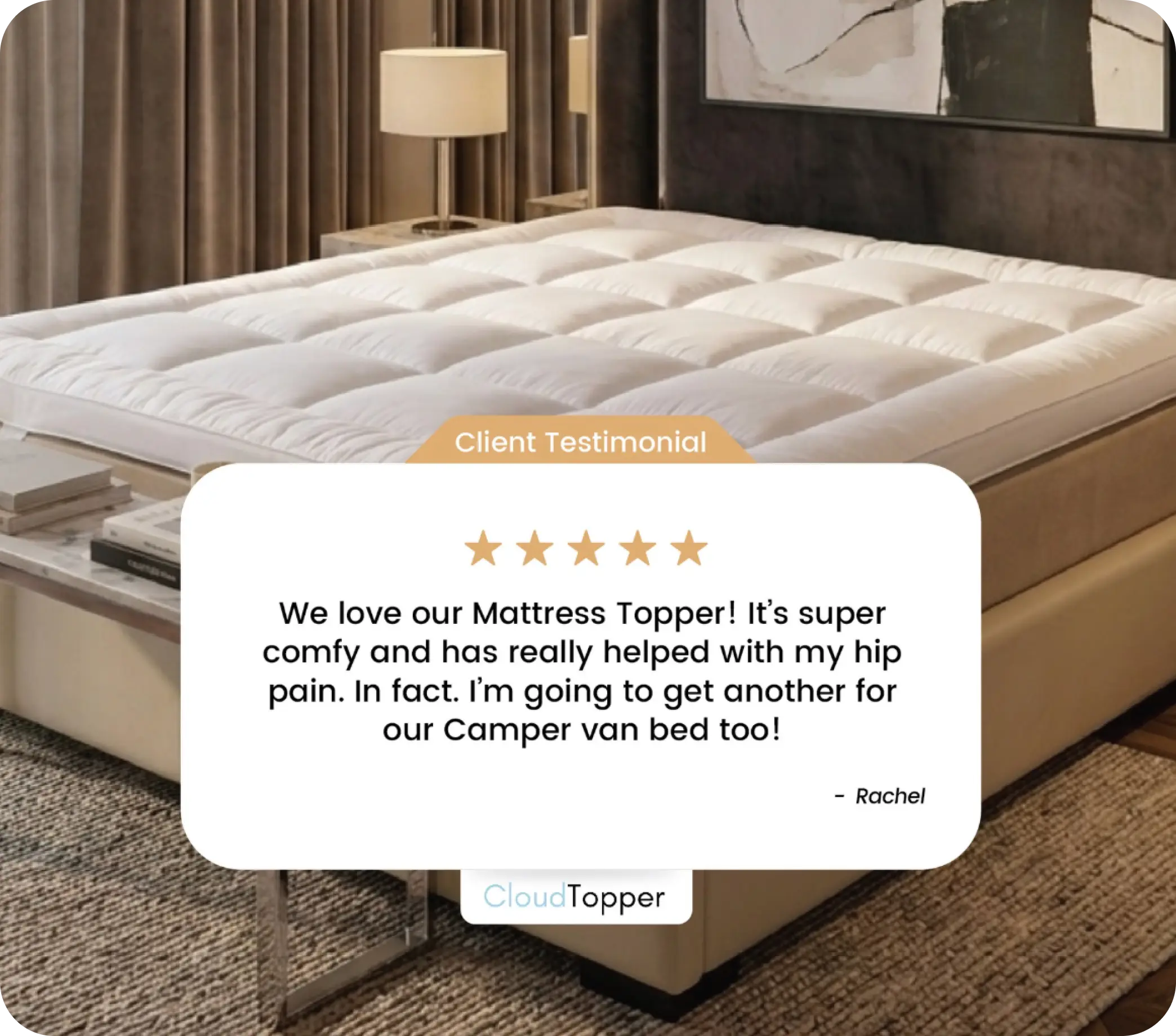 A white quilted mattress topper on a bed with an overlay showing a 5-star client testimonial.