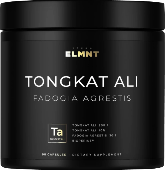 Black container labeled 'Tongkat Ali Fadogia Agrestis' dietary supplement.