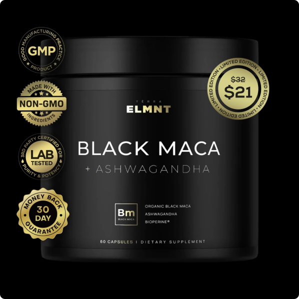 Black Maca and Ashwagandha supplement jar with various certification badges.