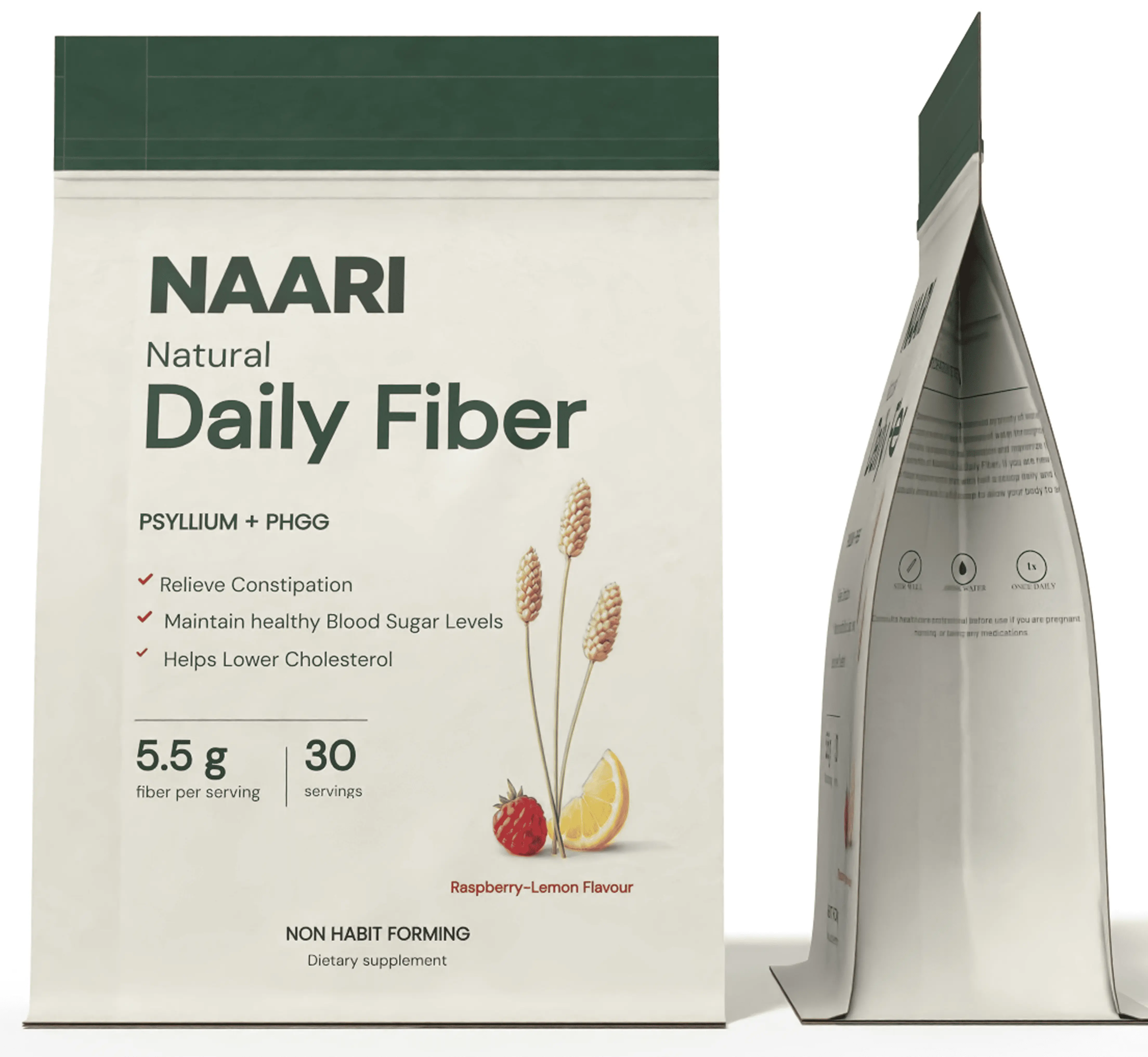 Front and side views of a pouch of NAARI Natural Daily Fiber supplement, Raspberry-Lemon flavour.