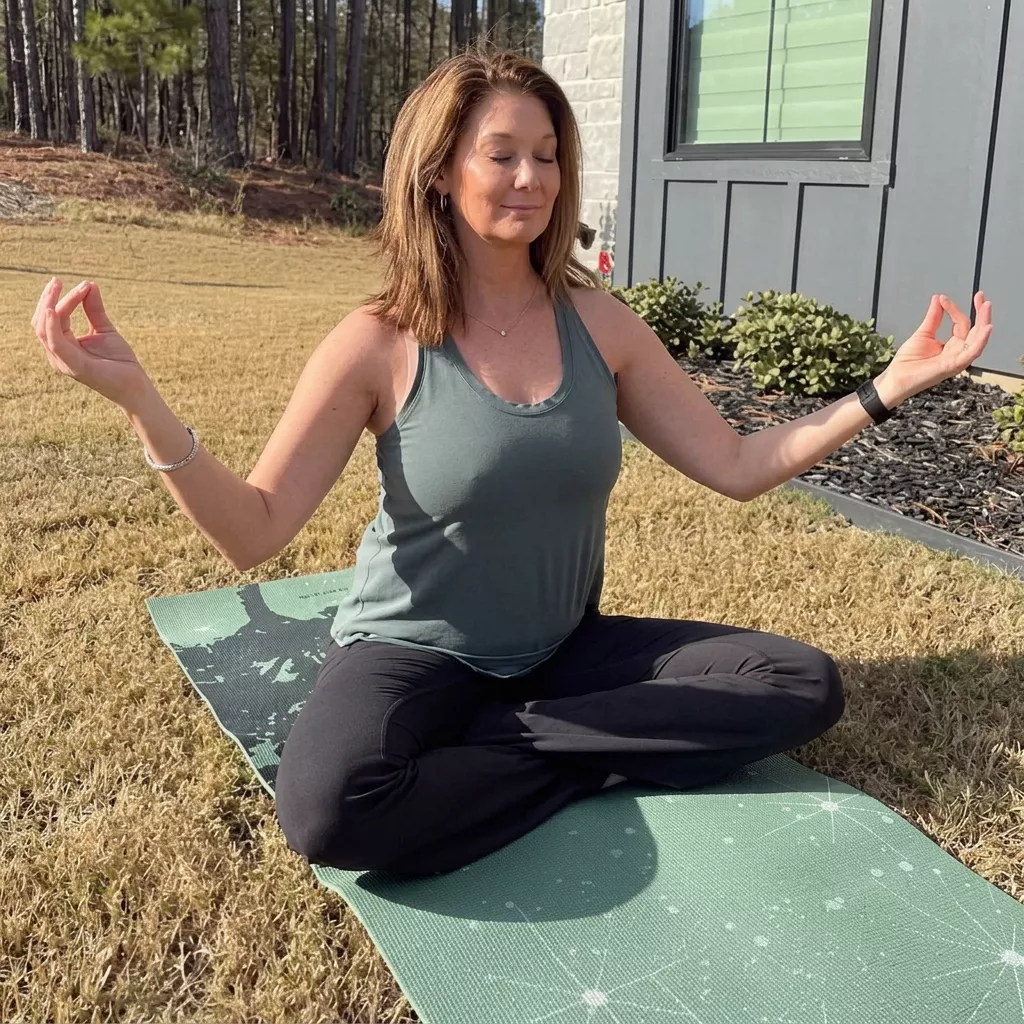 A woman meditates with her eyes closed, sitting cross-legged on a yoga mat on a sunny lawn.
