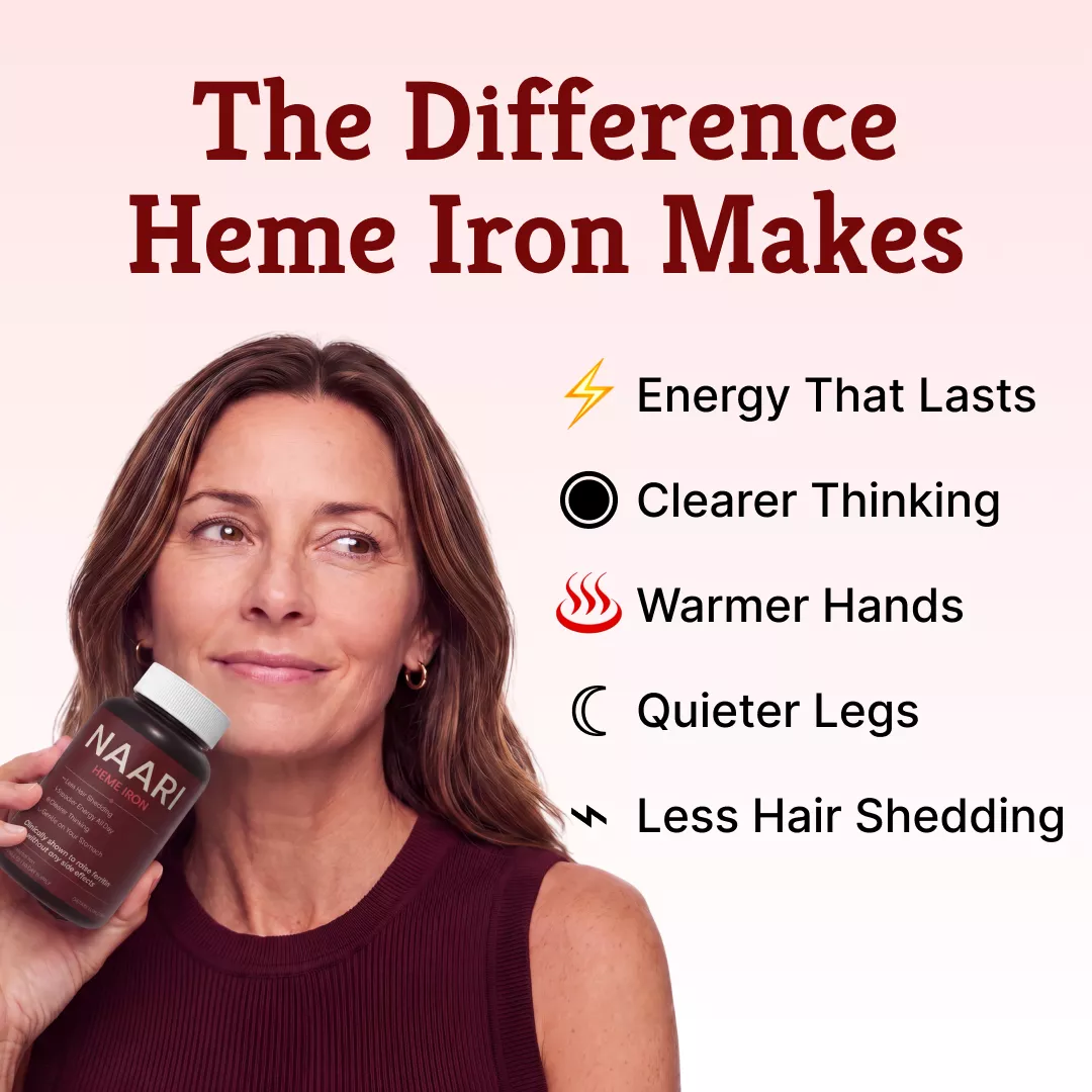 An advertisement for Naari Heme Iron showing a woman holding the bottle next to a list of benefits.