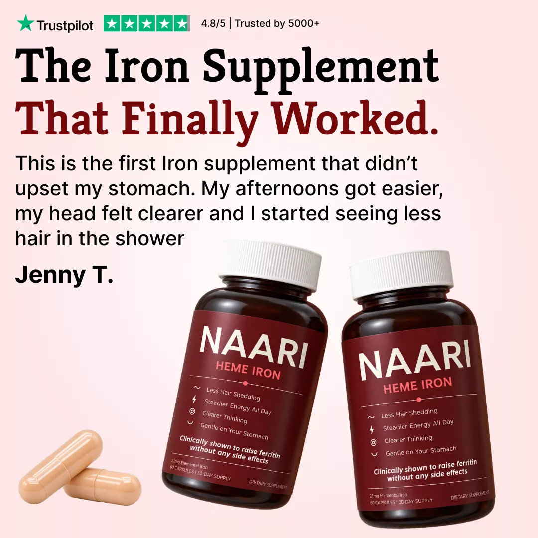 An advertisement for NAARI HEME IRON supplements featuring two bottles, capsules, and a customer testimonial.