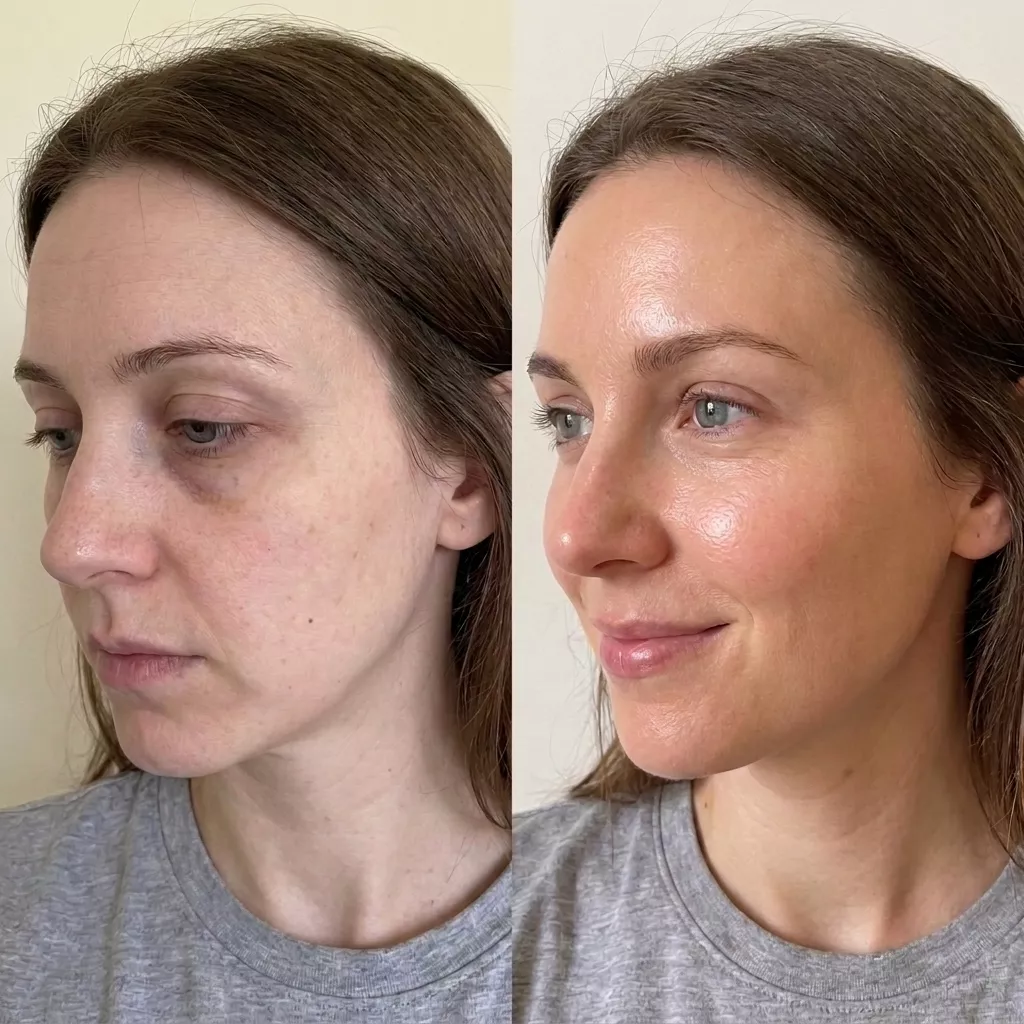 A before-and-after split image of a woman's face, showing clearer skin and reduced under-eye circles on the right.