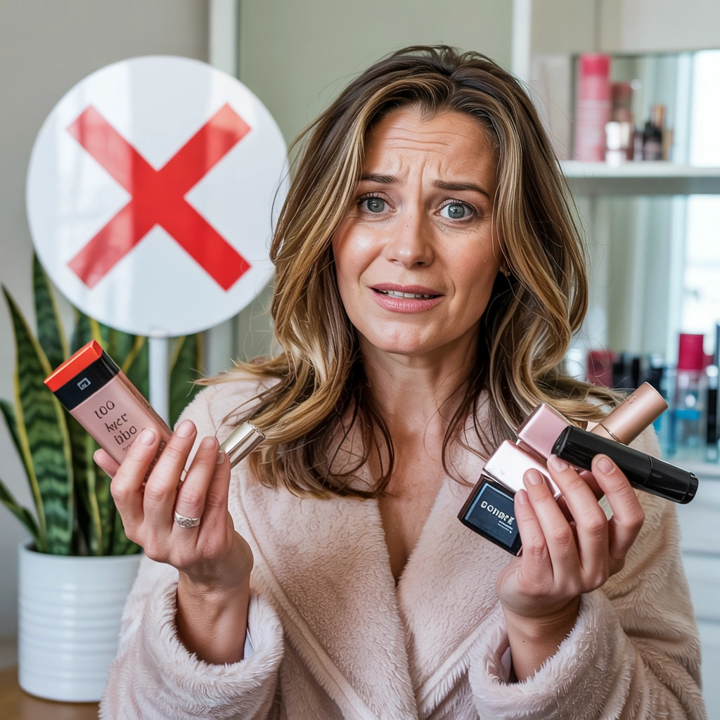 Woman holding makeup products with a confused expression, red X sign in background.