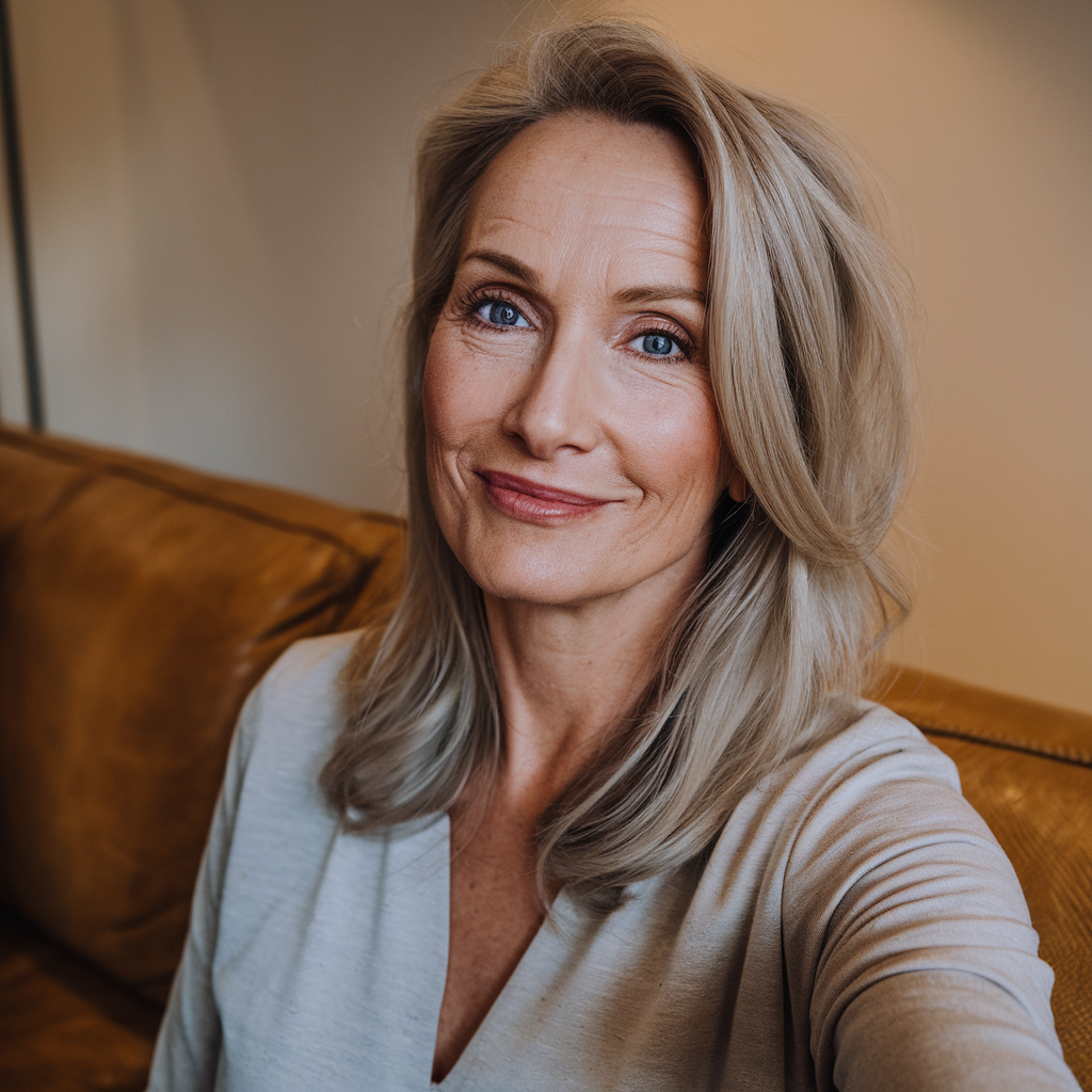 Smiling woman with blonde hair sitting on a brown couch.