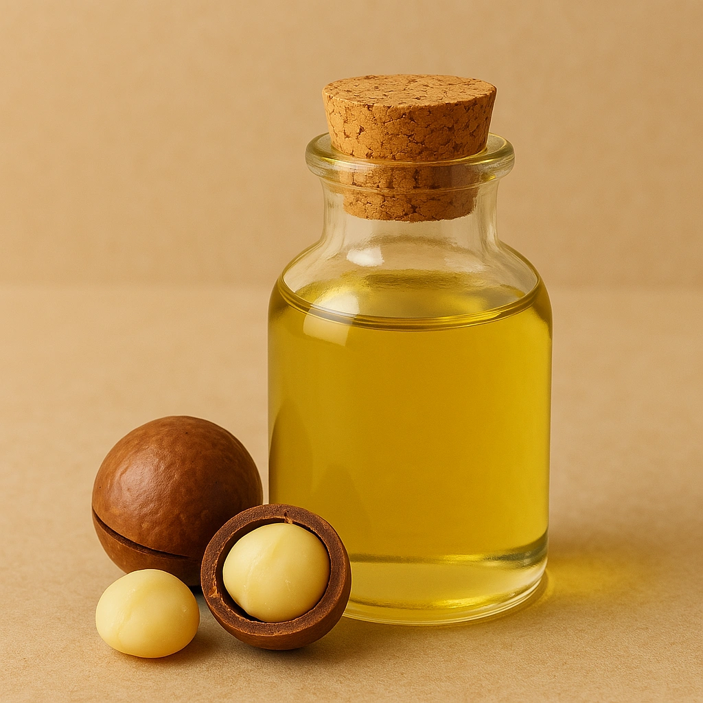 Glass bottle of oil with macadamia nuts on a beige background.