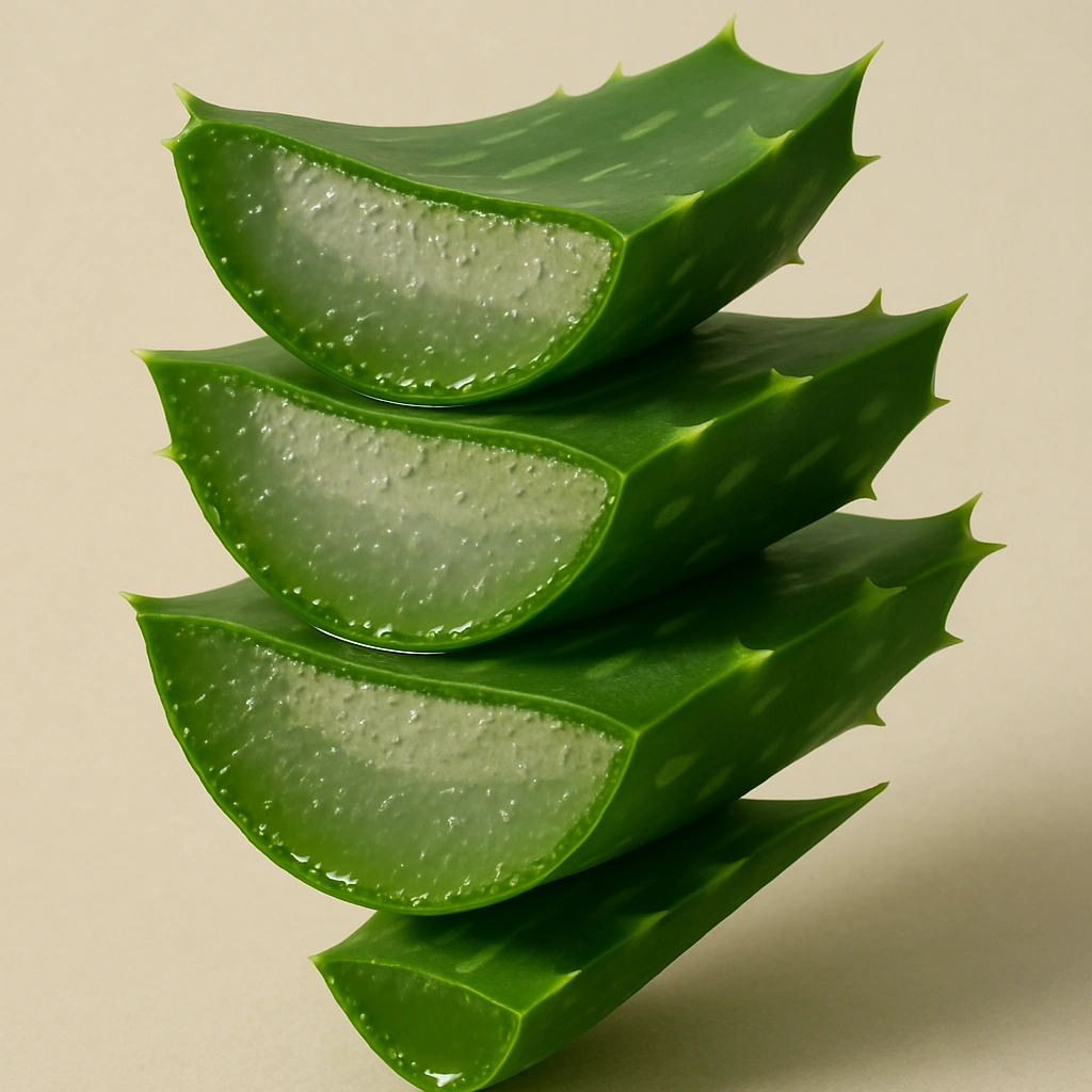 Stacked slices of fresh aloe vera plant on a neutral background.