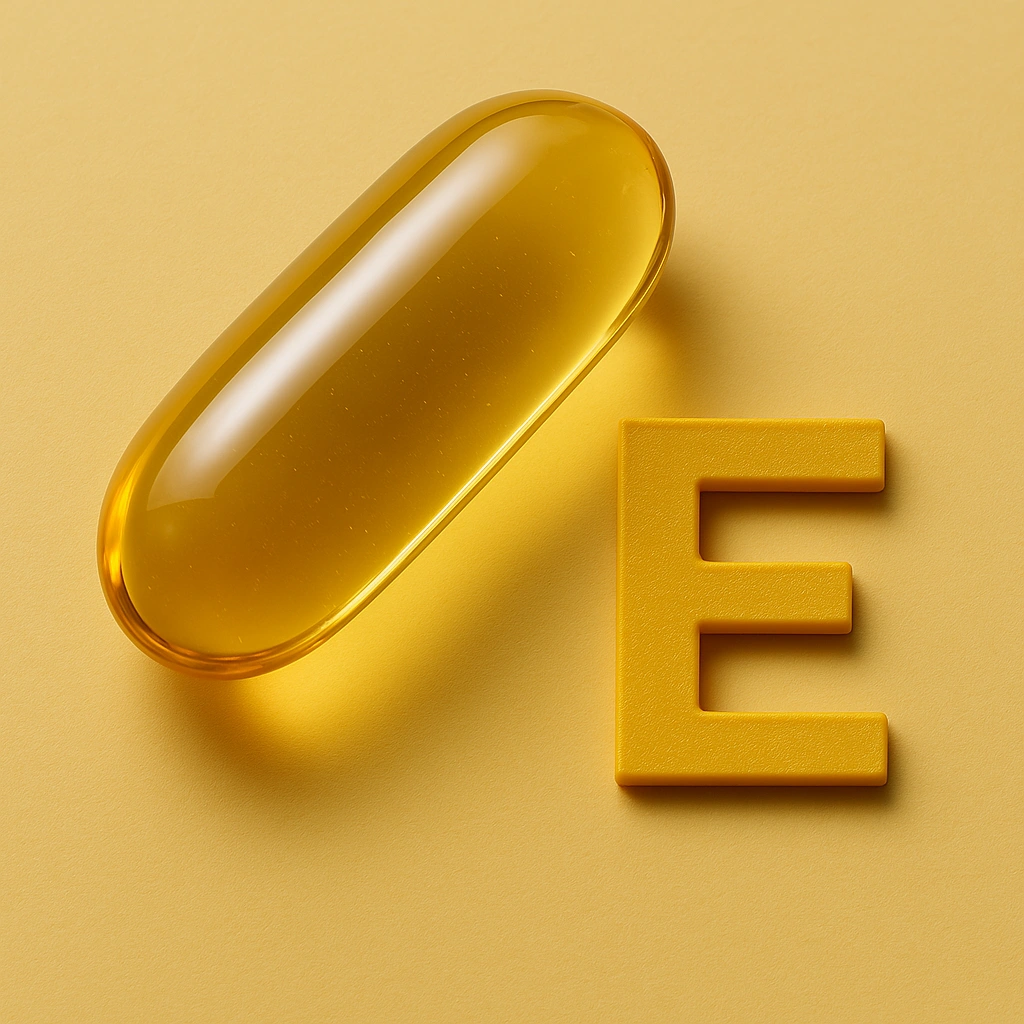 Yellow capsule and letter 'E' on a yellow background.