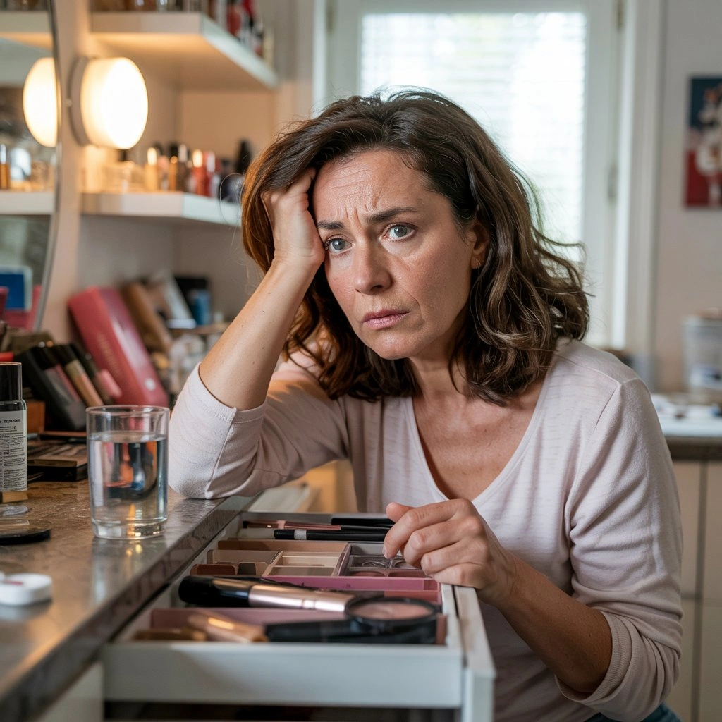 Woman looking concerned, sitting at a makeup table with open drawer.