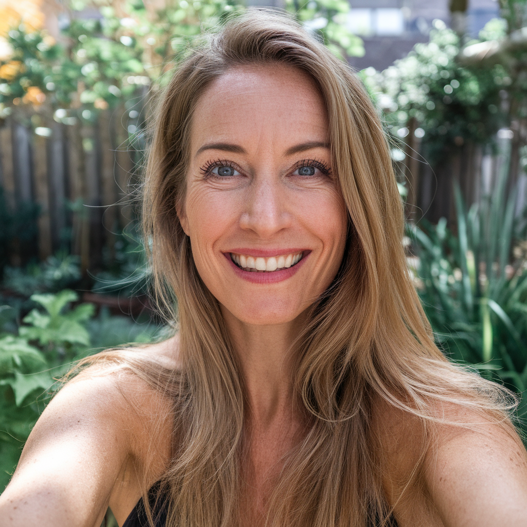 Smiling person with long hair in a garden setting.