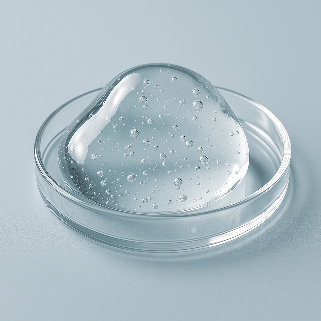 Clear gel with bubbles in a petri dish on a light background.