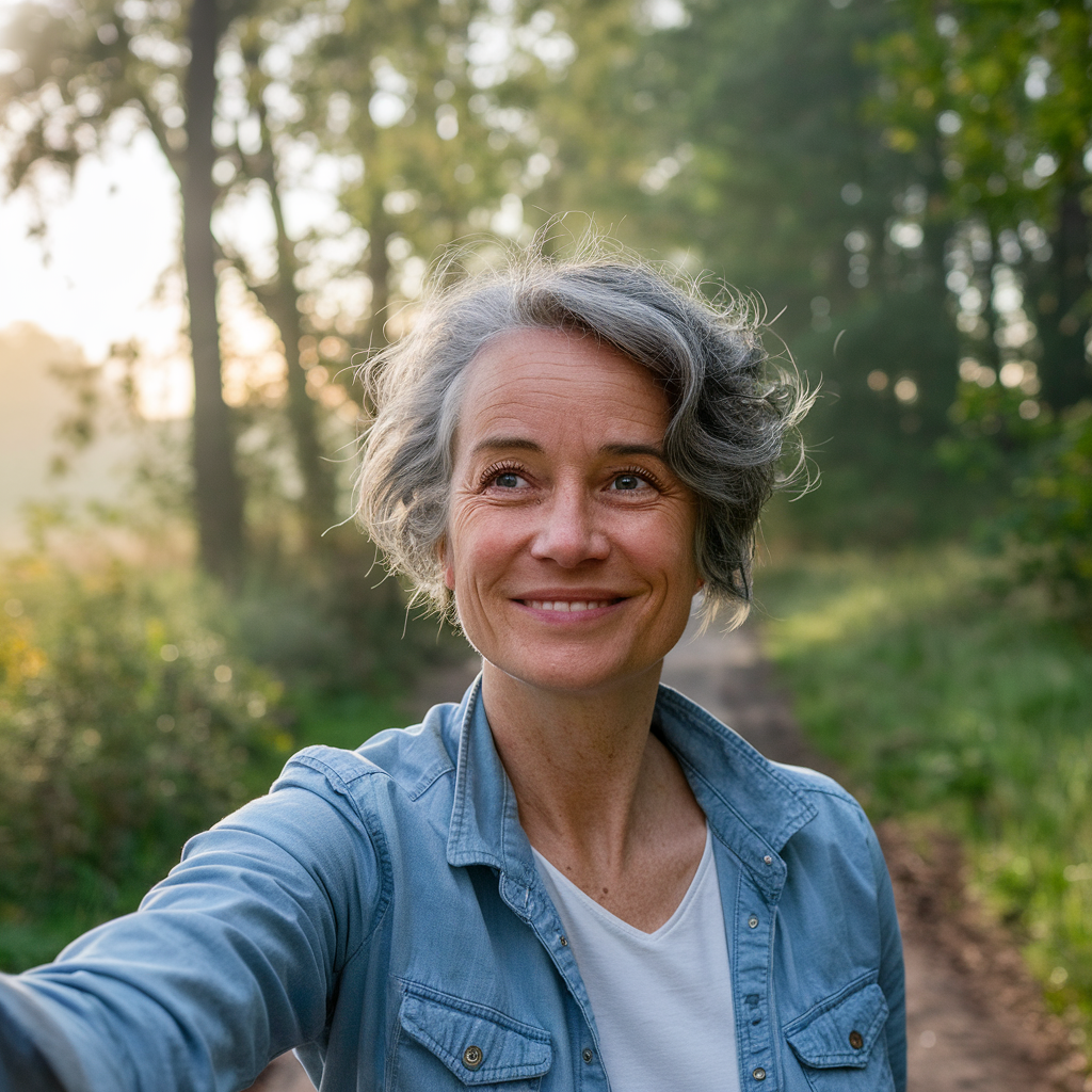 Smiling person taking a selfie on a forest path.
