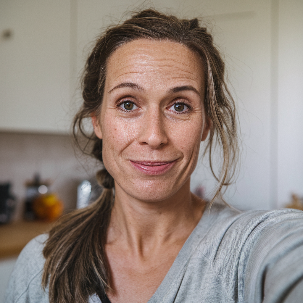 Person with a braid smiling in a kitchen setting.
