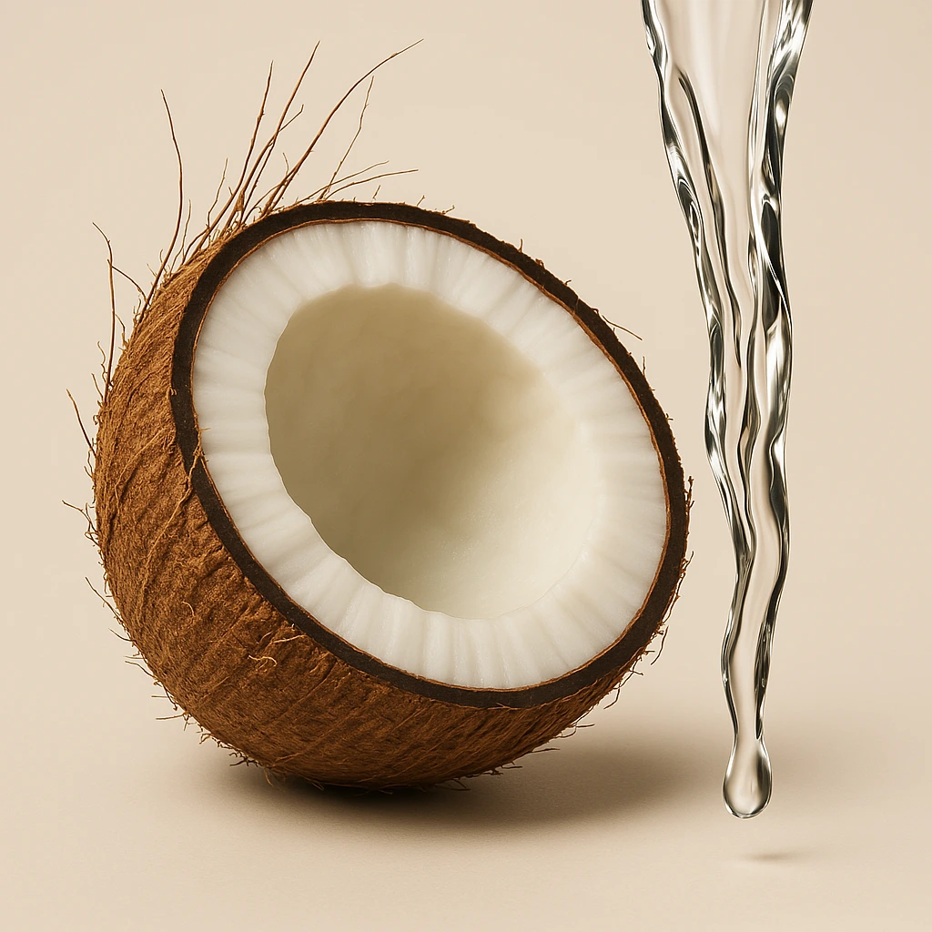 Half coconut with water pouring beside it on a beige background.