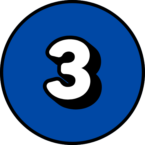 White number three on a blue circular background.