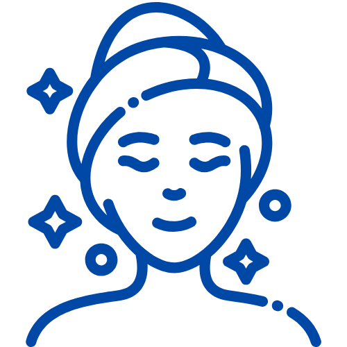Line drawing of a person with a towel and sparkles around.