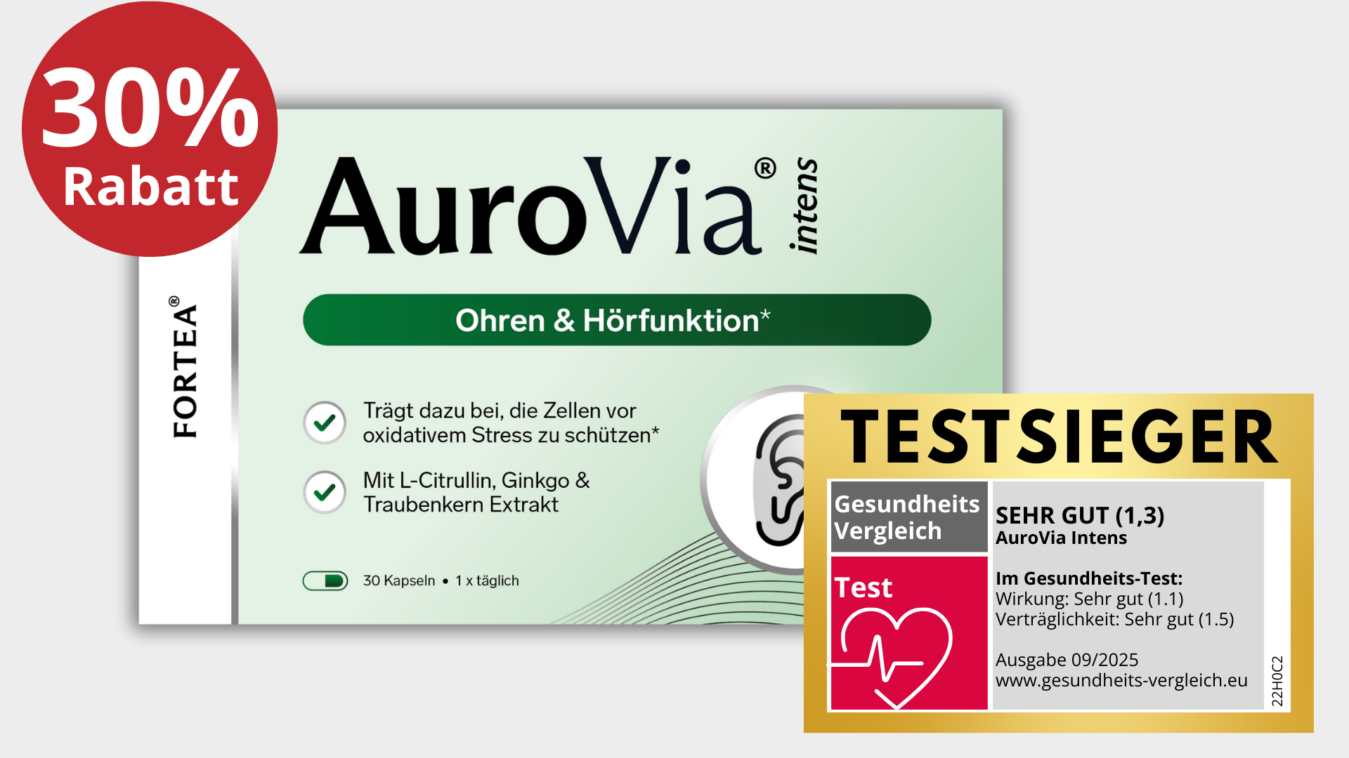 AuroVia Intens ear health supplement box with 30% discount label and test winner badge.