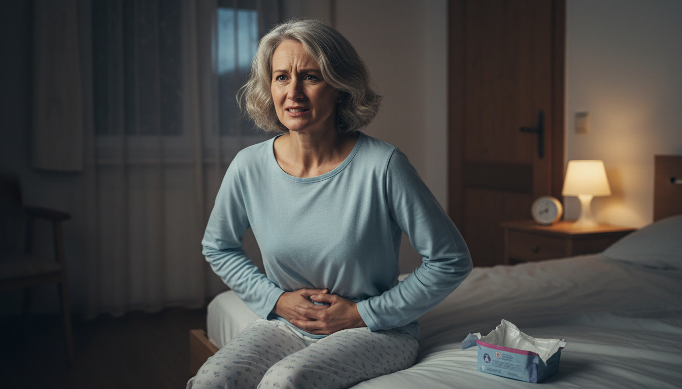 A woman in pajamas sits on her bed, holding her stomach with a look of discomfort.