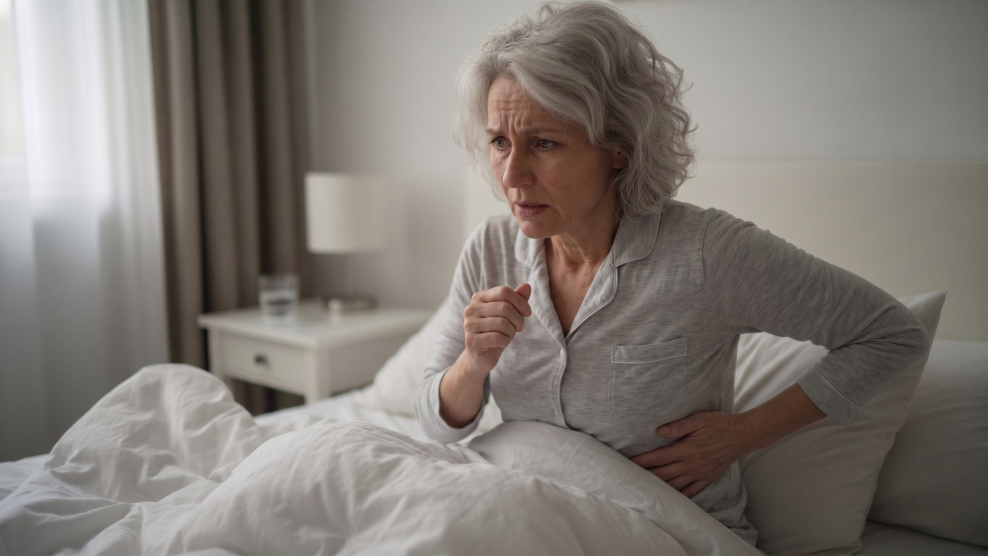 A distressed woman in pajamas sits up in bed, holding her head with both hands.