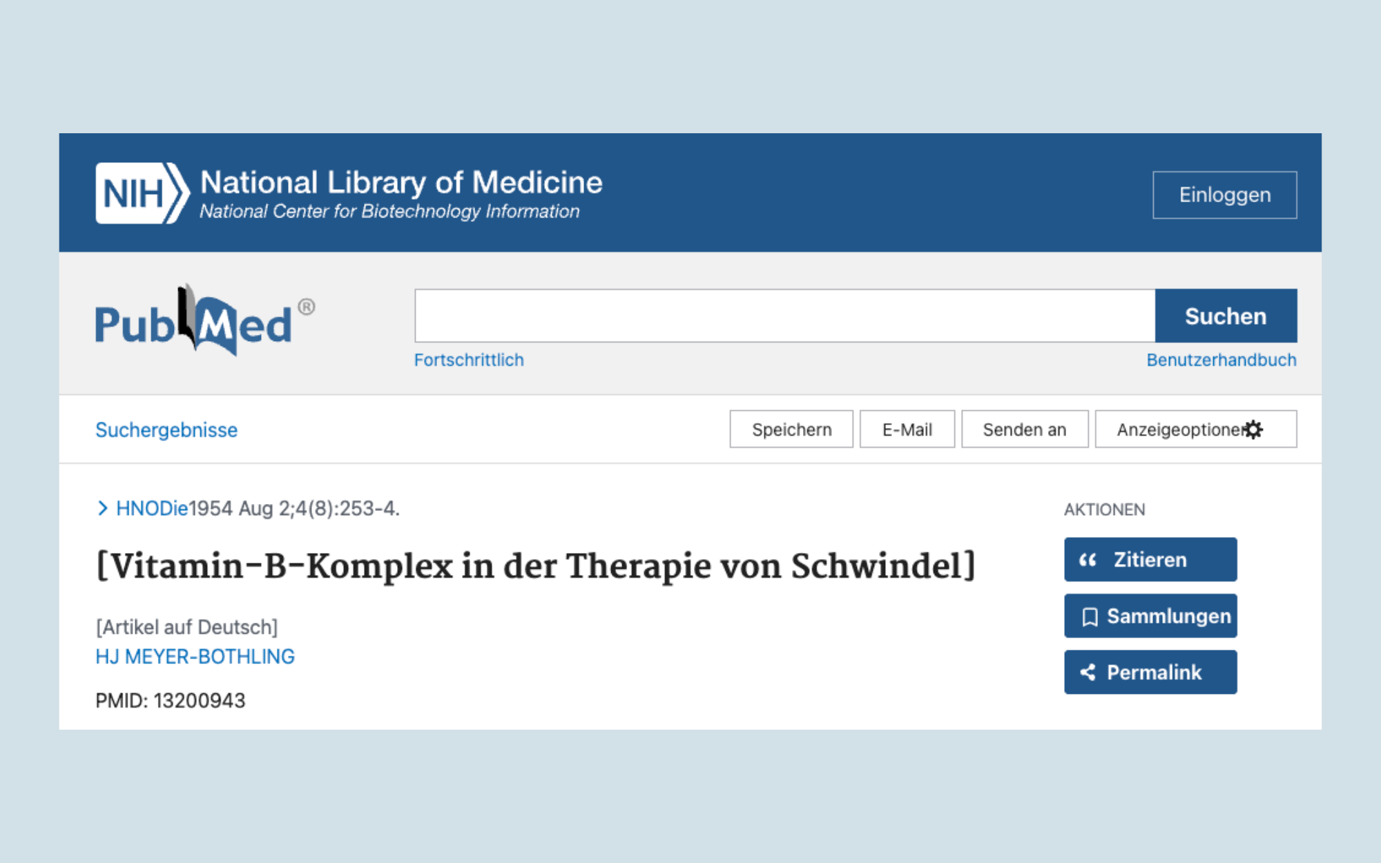 PubMed article page titled 'Vitamin-B-Komplex in der Therapie von Schwindel'.