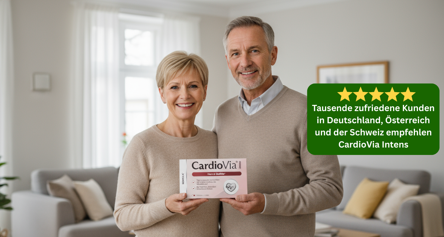 A smiling older couple stands in a living room, holding a box of a product called CardioVia.