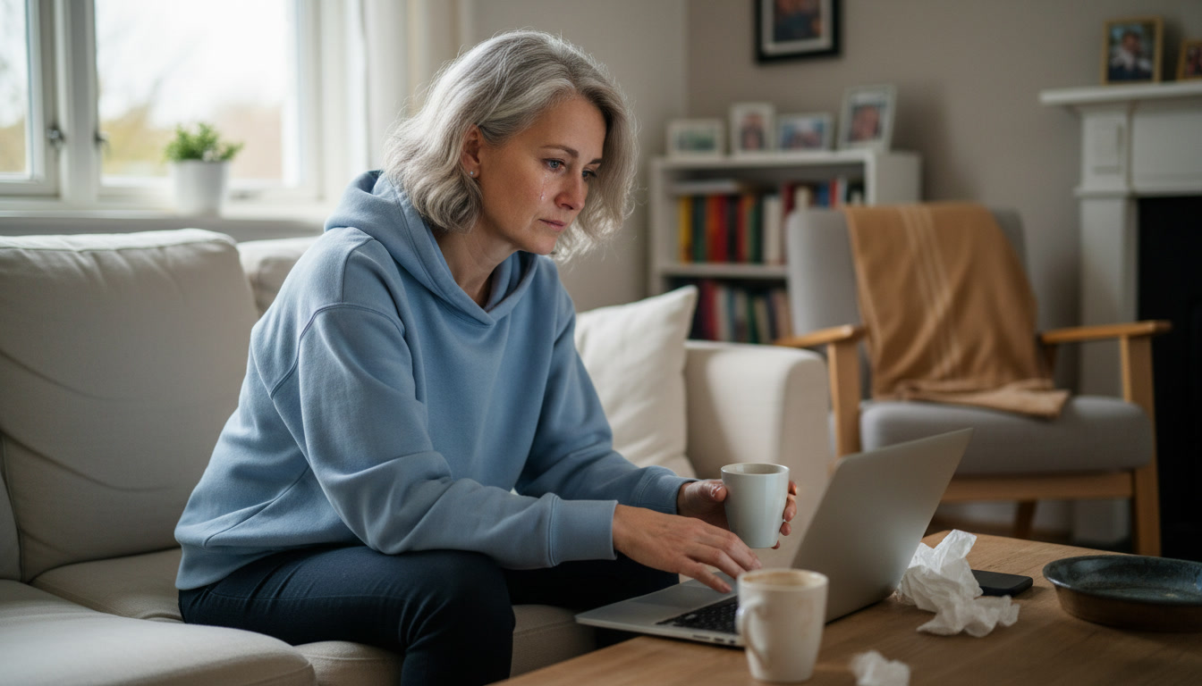A gray-haired woman in a blue hoodie sits on a couch, crying while using a laptop.