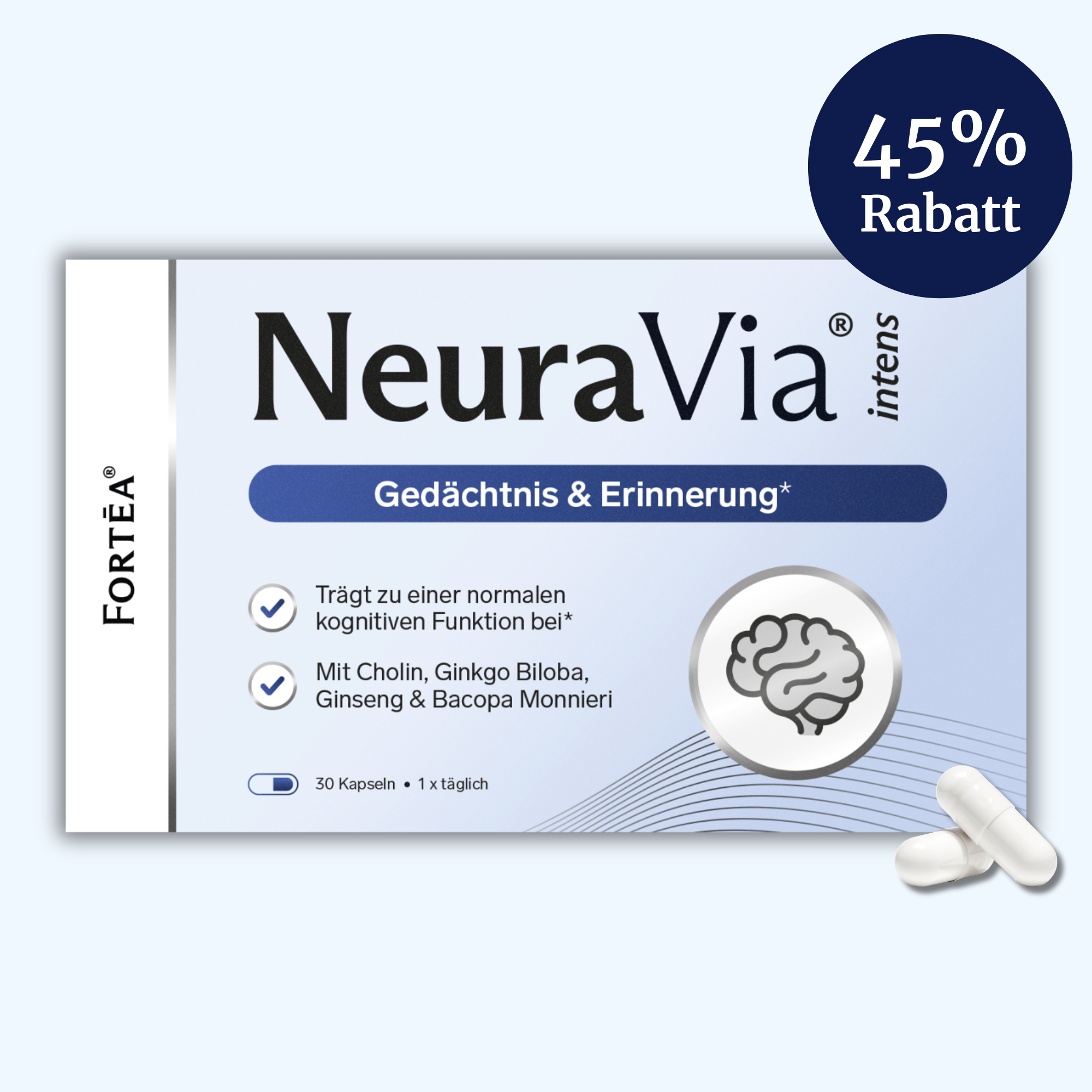 A box of NeuraVia intens, a supplement for memory, with a 45% discount and two white capsules.