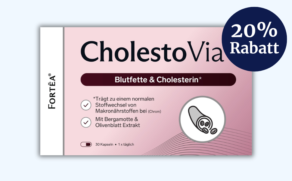 A product box for CholestoVia supplements, with a '20% Rabatt' (20% discount) sticker.