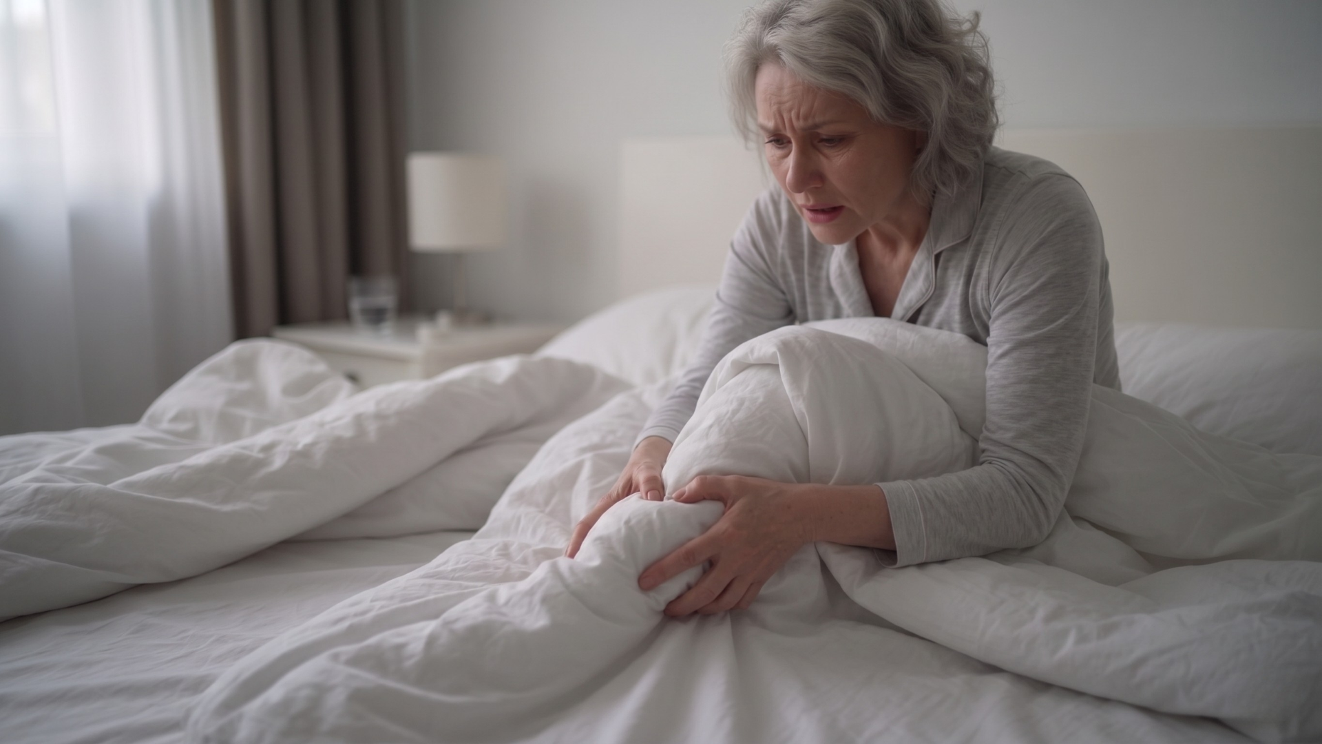 A distressed woman in pajamas sits up in bed, holding her head with both hands.